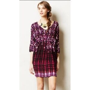 Maeve Anthropologie Plaid Print V Neck Dolman Sleeve Mini Dress Women's Medium